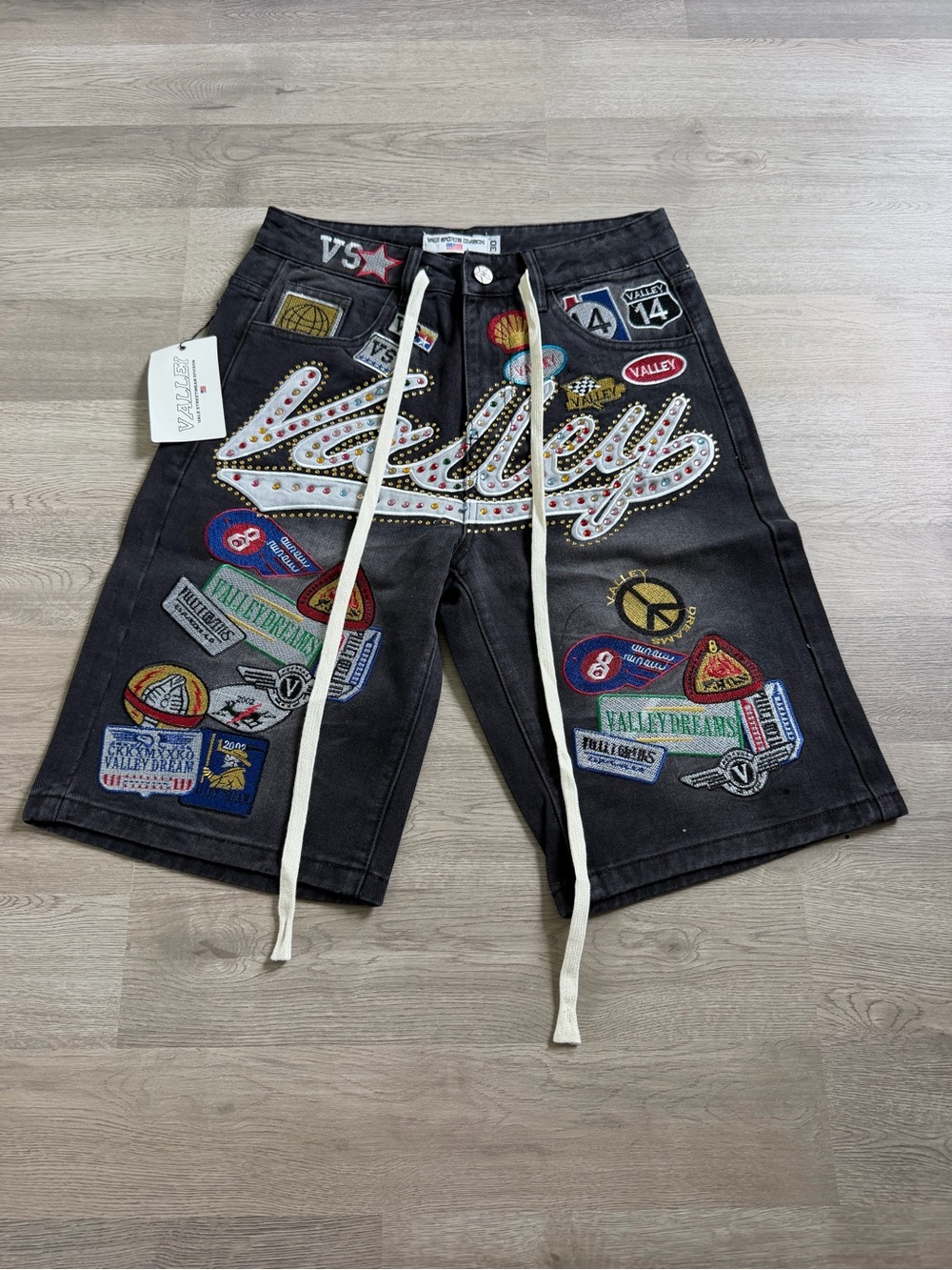 Valley Black Embroidered Patch Logo Denim Shorts